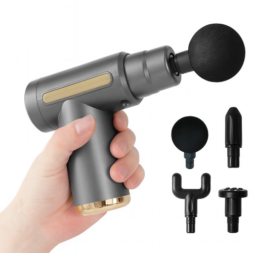 Aparat Massage Gun gri cu cap rotund, ținut în mână; fotografie de catalog